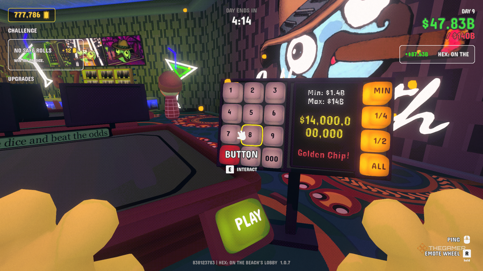 Street Craps betting keypad with Golden Chip prompt
